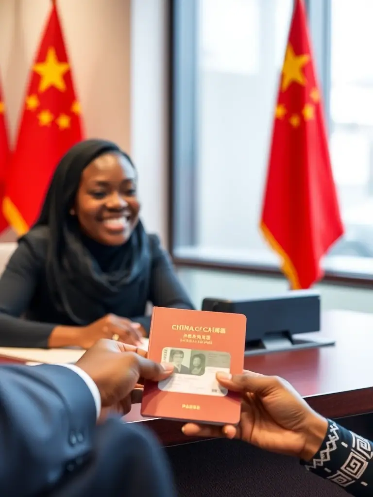 A Nigerian traveler receiving their visa at the Chinese embassy, illustrating SinoVista's visa and travel logistics support.