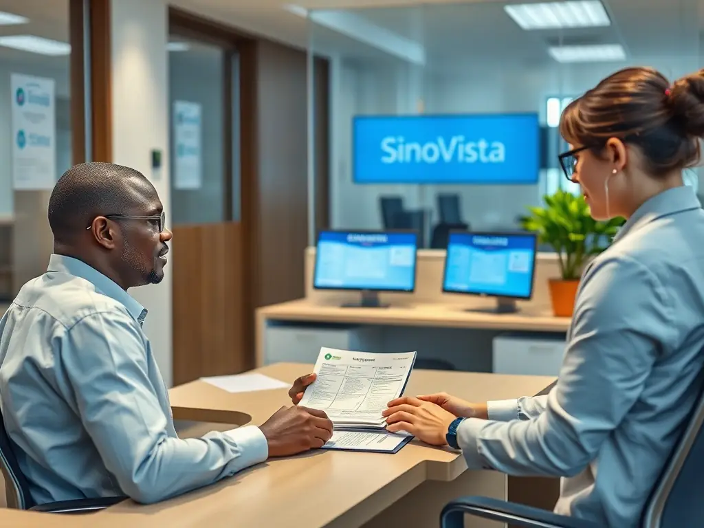 A Nigerian businessperson being assisted with their visa application at a SinoVista office, highlighting the firm's efficient visa and travel logistics support services.