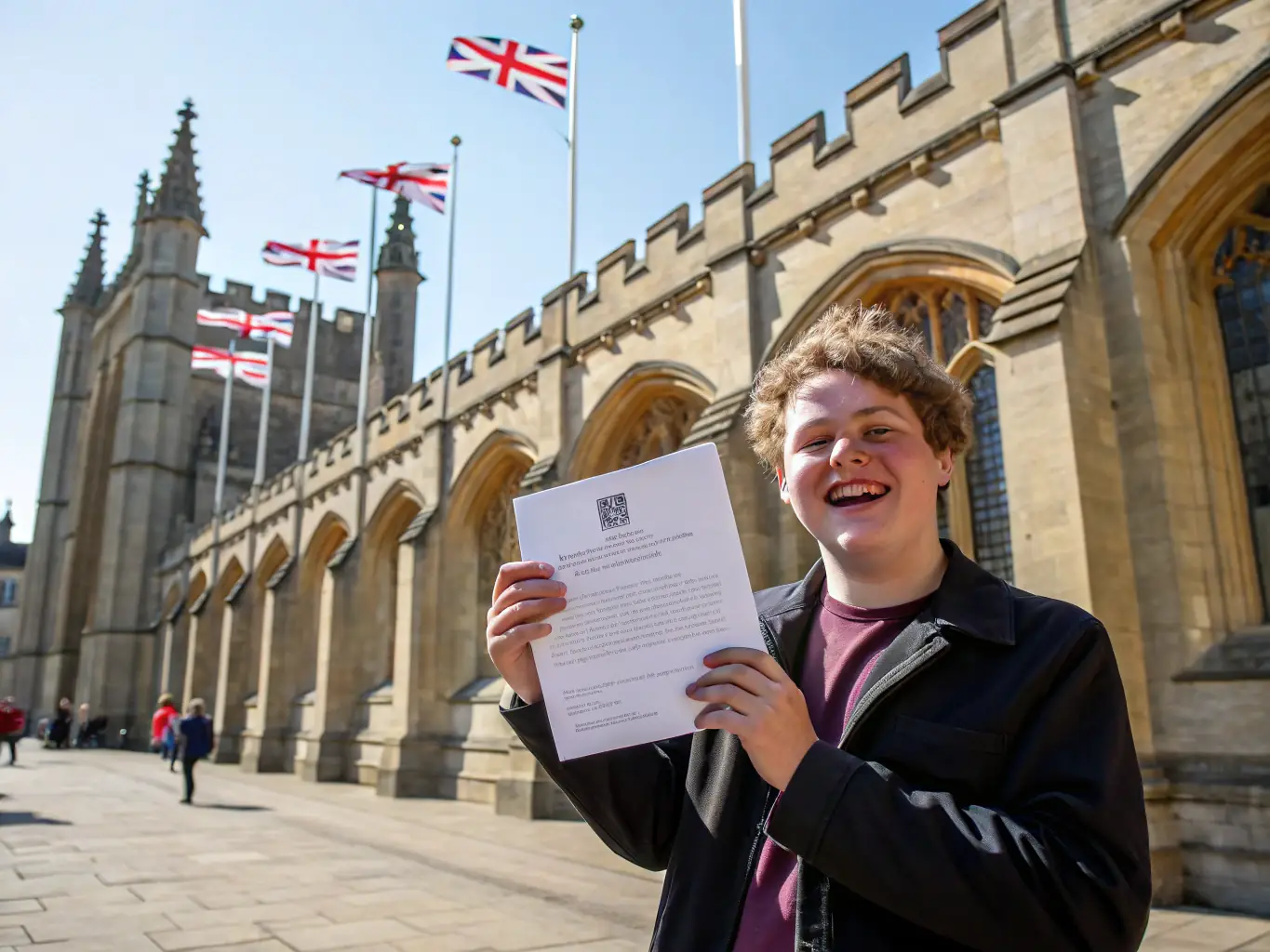An image of a happy student holding a scholarship letter in front of a Chinese university campus, symbolizing SinoVista's commitment to education.
