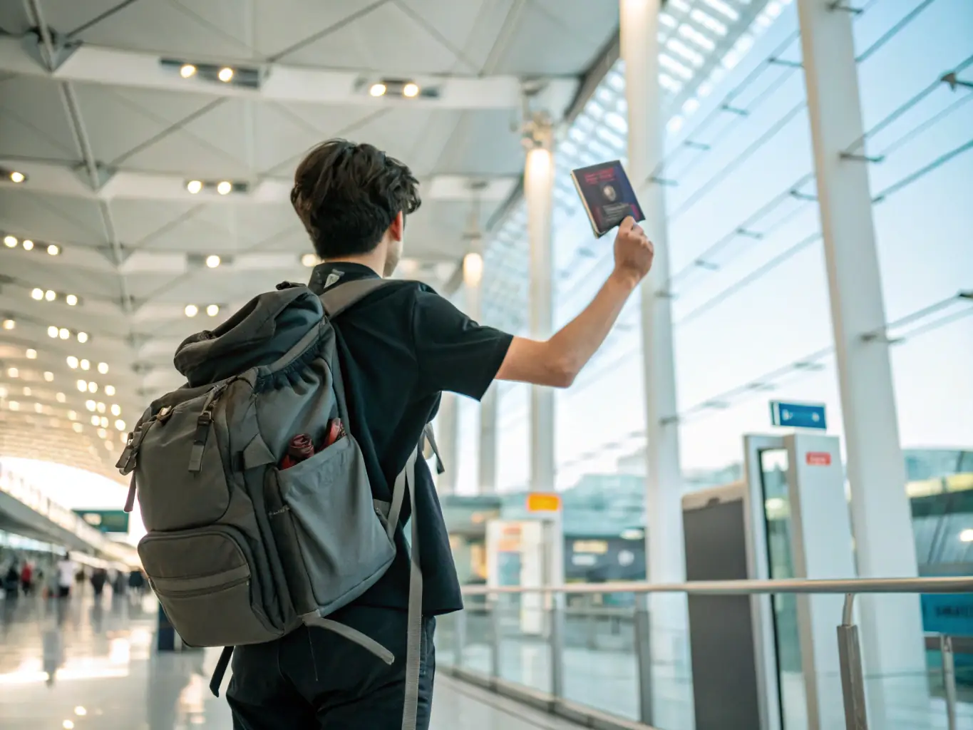 An image of a traveler at an airport with Chinese and Nigerian flags displayed nearby, illustrating SinoVista's support for seamless travel.